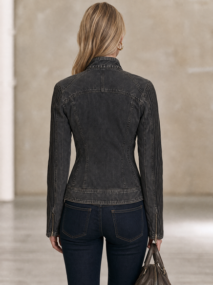 Women’s Vintage Black Grey Washed Denim Moto Jacket