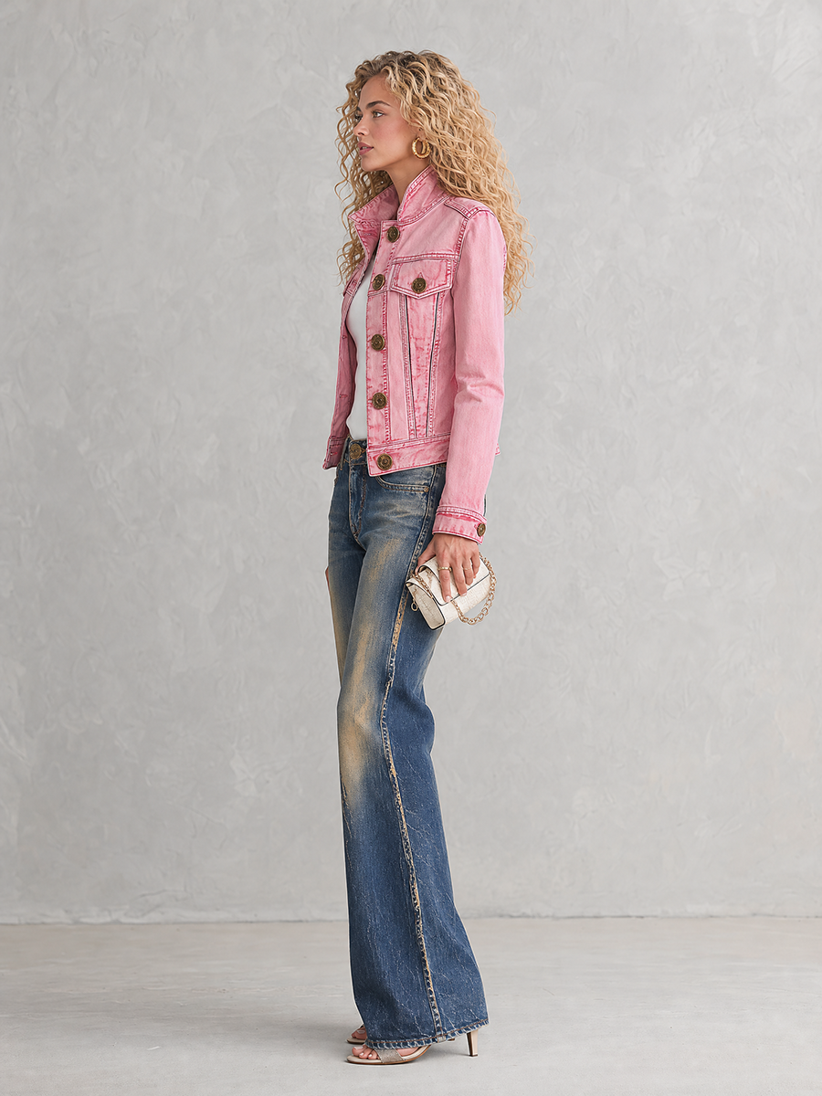 Pink Cropped Denim Jacket For Women