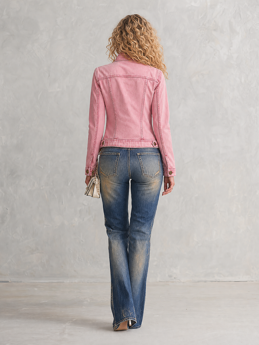 Pink Cropped Denim Jacket For Women