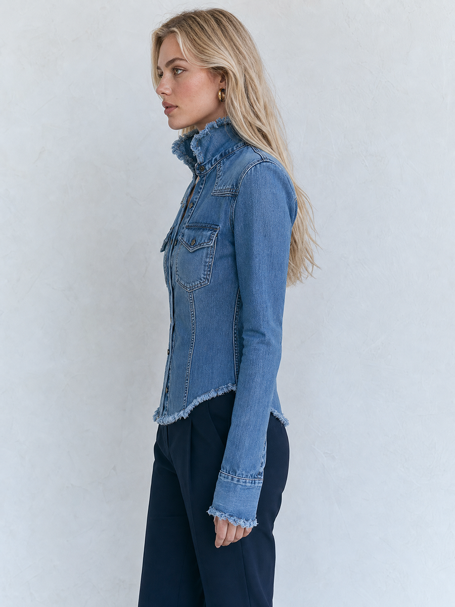 Women’s Fitted Denim Stand-up Collar Shirt With Frayed Hem