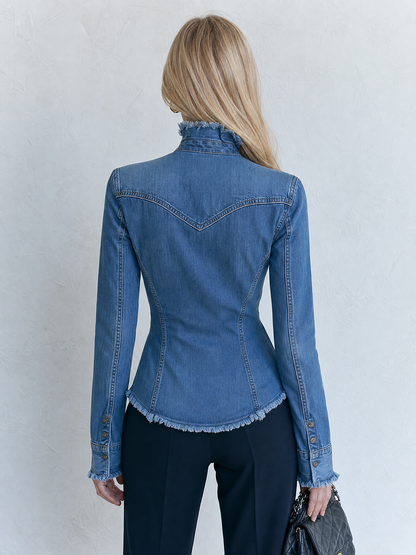 Women’s Fitted Denim Stand-up Collar Shirt With Frayed Hem