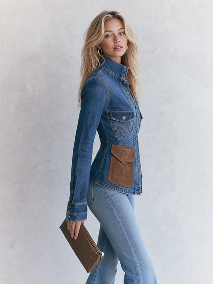 Fitted Denim Utility Jacket With Suede Pockets
