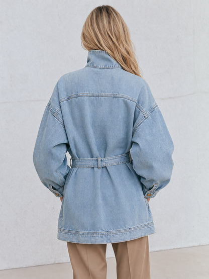 Belted Oversized Denim Utility Jacket For Women