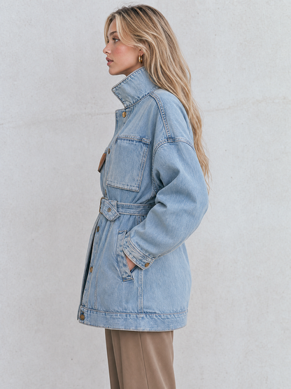 Belted Oversized Denim Utility Jacket For Women