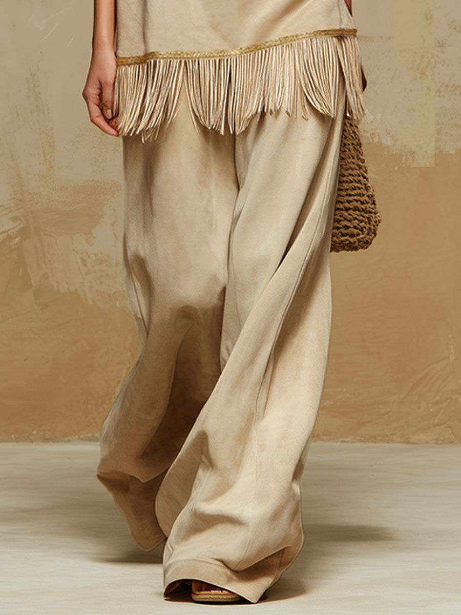 Western-style High-neck Sleeveless Embroidered Fringed Top And Pants Faux Suede Set