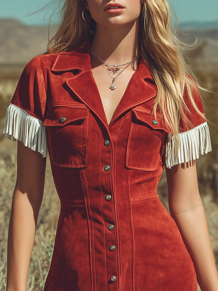 Retro Western-style Lapel Color-block Fringed Suede Mini Dress