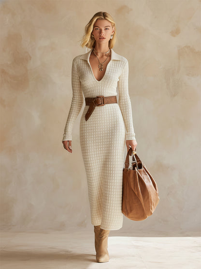 Exquisite And Classic Off-white Checkered Knit Maxi Dress