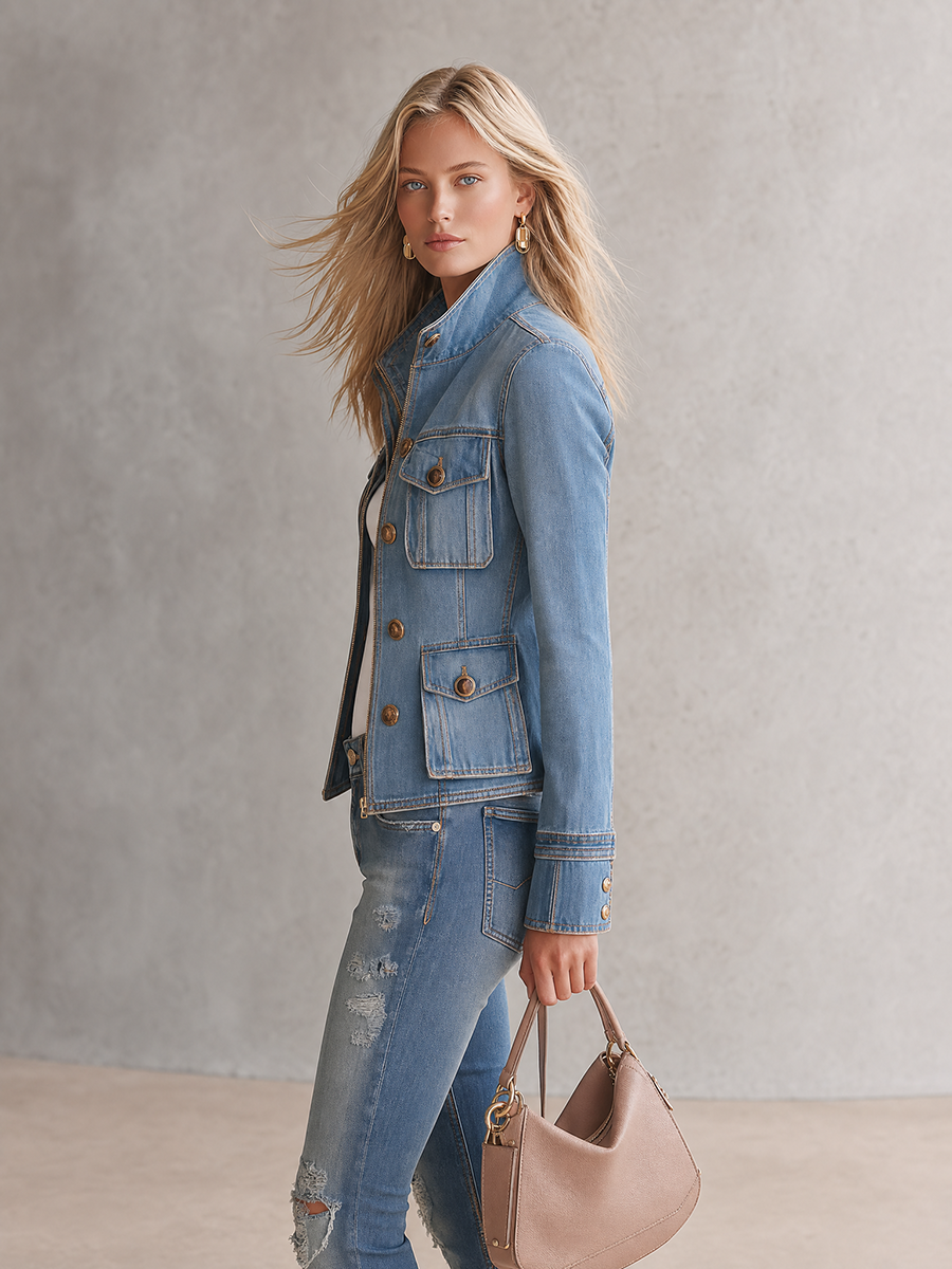 Hunting Denim Jacket With Gold Zipper Placket