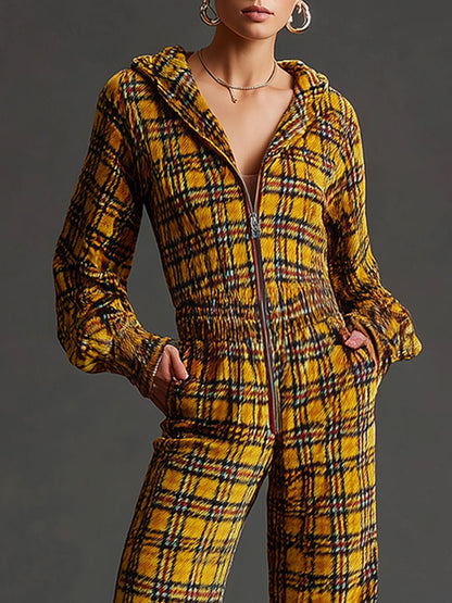 Casual Retro Plaid Yellow Velvet Long-sleeved Hooded Wide-leg Jumpsuit