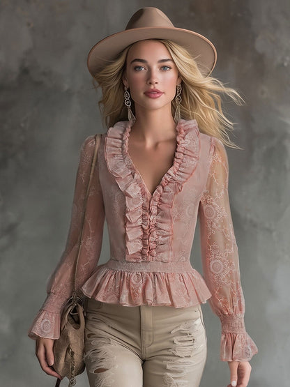 Elegant Pink Chiffon Lace Ruffled Shirt