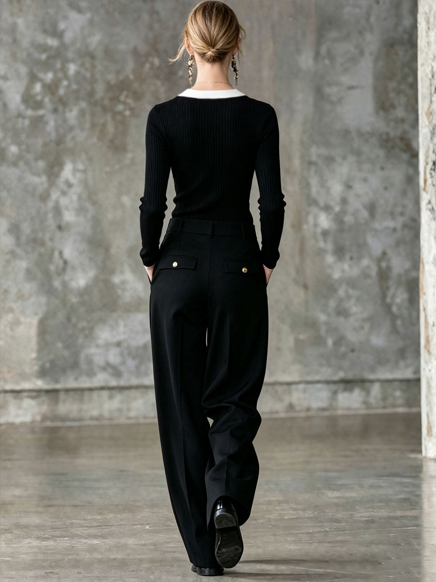 Fashionable Retro Black And White Knitted Long-sleeved Top And Multi-pocket Pants Set