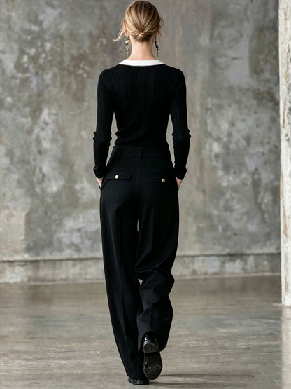 Fashionable Retro Black And White Knitted Long-sleeved Top And Multi-pocket Pants Set