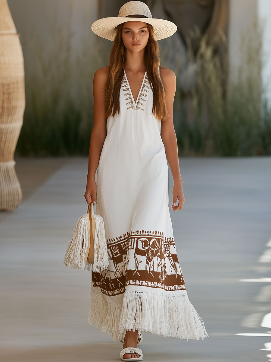 Vintage Cotton Ethnic Embroidery Tassel Holiday Sleeveless White Maxi Dress