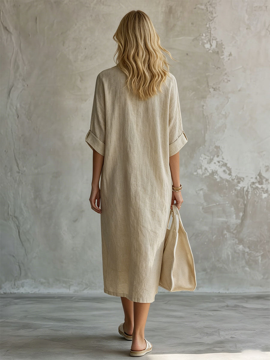 Casual Retro Light Khaki Five-sleeve Button Cotton And Linen Midi Dress