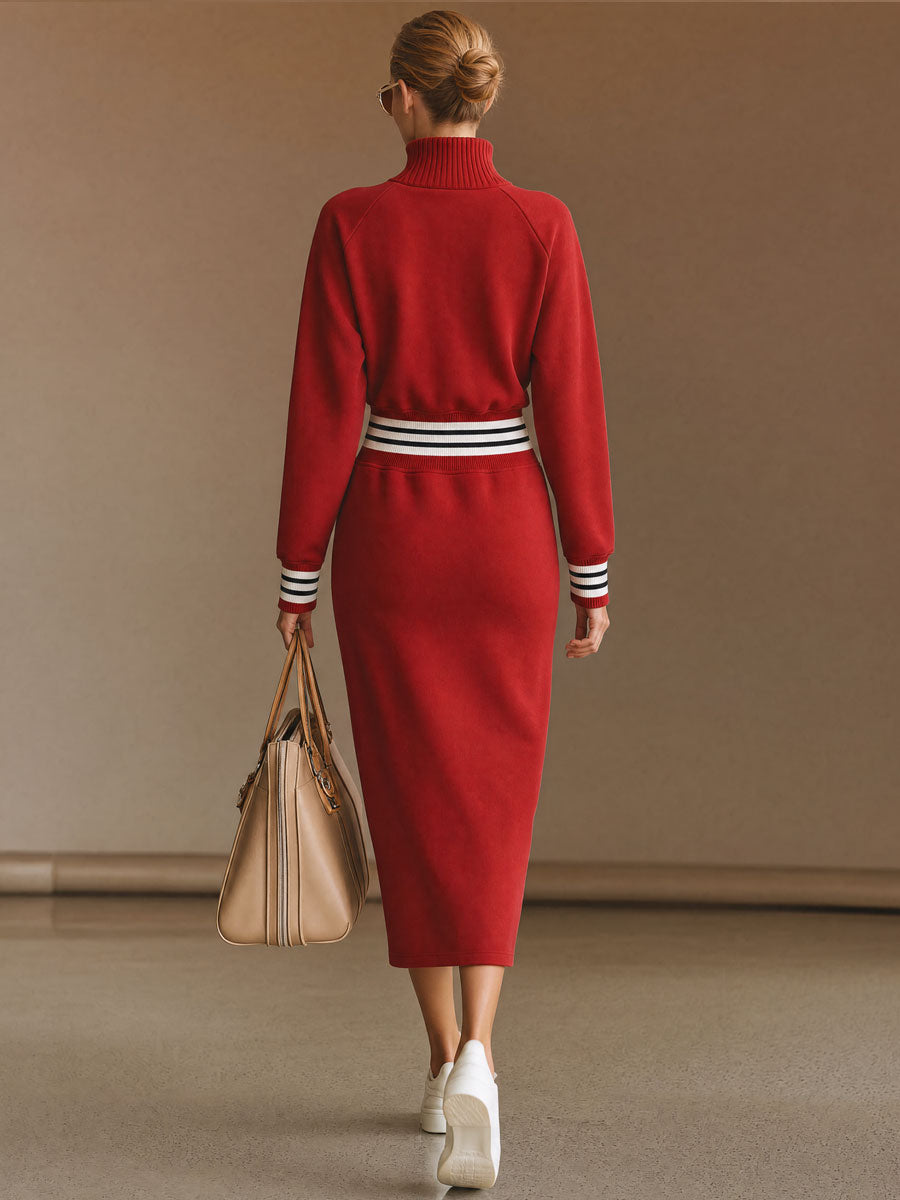 Casual Sporty Half-zip Black And White Striped Red Cotton Midi Dress