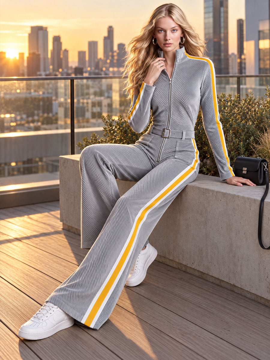 Retro Sporty Gray Ribbed Velvet Yellow Side-Stripe Stand-Collar Zip-Up Belted Wide-Leg Jumpsuit