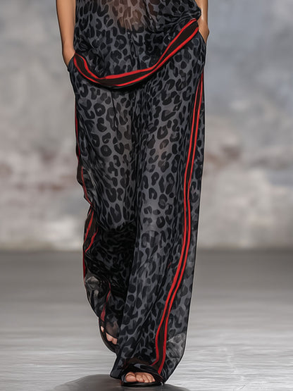 Leopard Print Chiffon Short-sleeved Top And Trousers Set