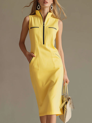 Stylish And Casual Yellow Stand-up Collar Sleeveless Midi Dress