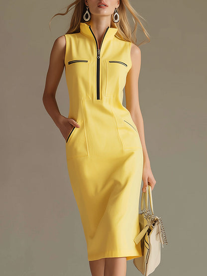 Stylish And Casual Yellow Stand-up Collar Sleeveless Midi Dress