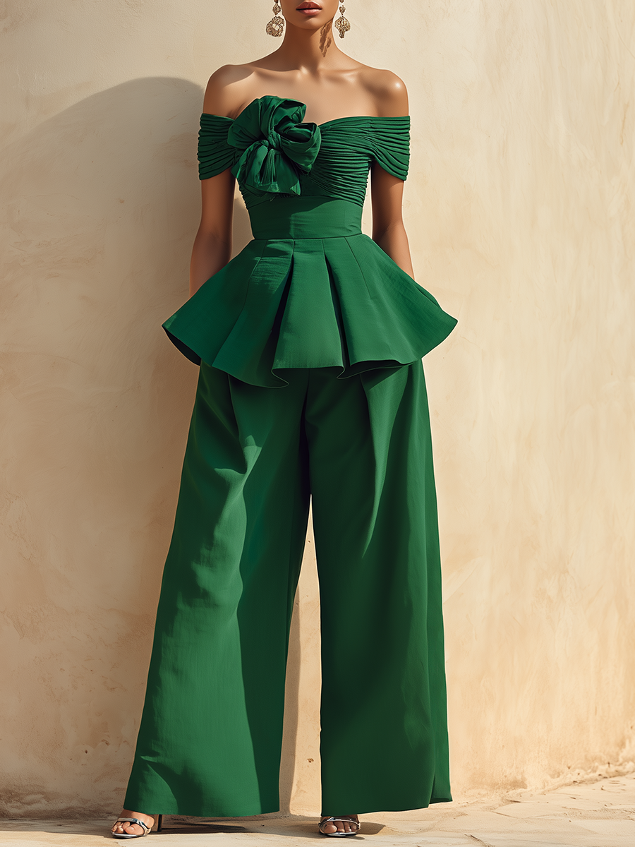 Elegant Vacation-style Off-the-shoulder Top And Wide-leg Pants Set