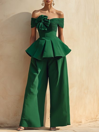 Elegant Vacation-style Off-the-shoulder Top And Wide-leg Pants Set