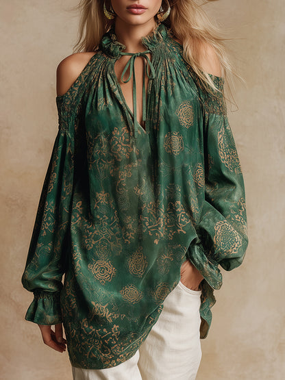 Vintage And Elegant Printed Green Faux Suede Off-the-shoulder Long-sleeved Shirt