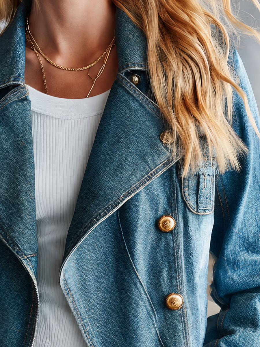 Cropped Fitted Denim Jacket Women Gold Buttons Asymmetric Hem Western Fall