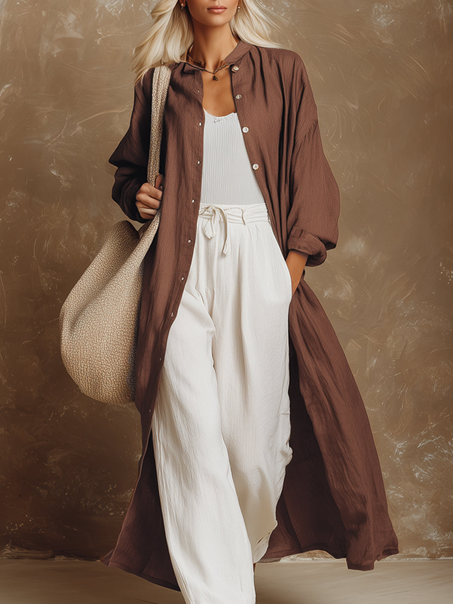 Stylish And Casual Brown Cotton And Linen Shirt-style Long Cardigan