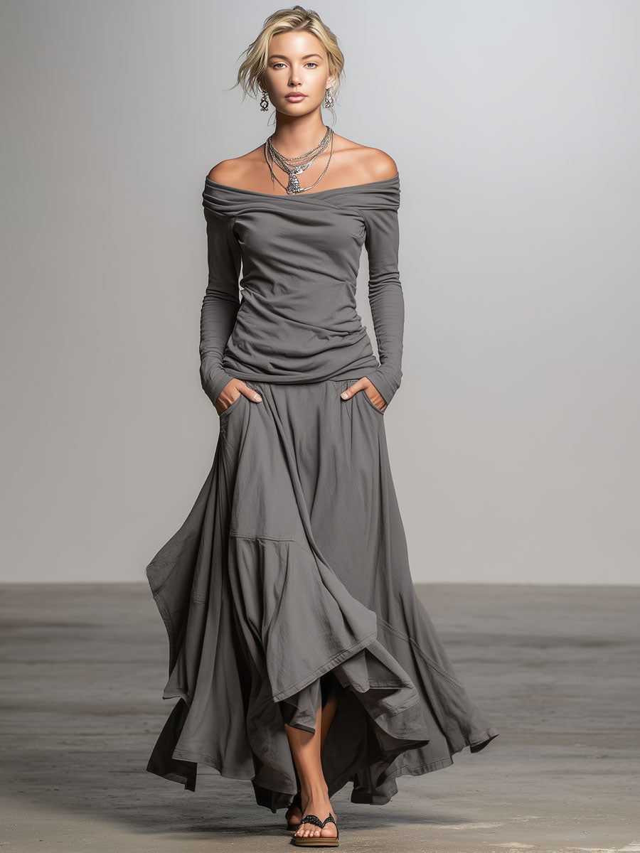 Off-the-shoulder Long-sleeved T-shirt And Asymmetrical Skirt Set