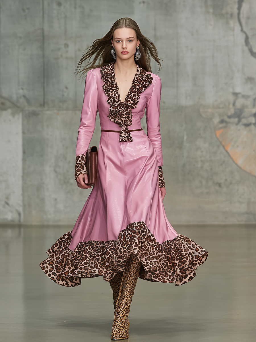 Retro Leopard Print Ruffled V-neck Faux Leather Midi Dress