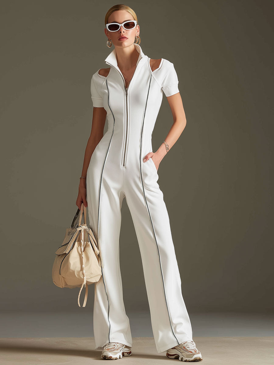 Sporty Retro Short-sleeved Openwork Ribbon White Cotton Blend Wide-leg Jumpsuit
