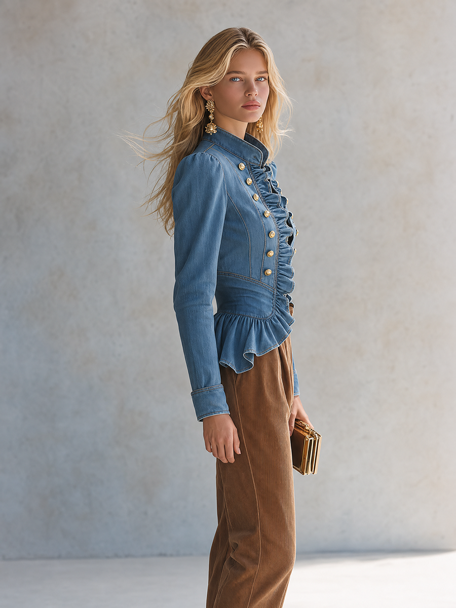 Romantic Ruffle Denim Military Jacket With Peplum Hem For Women