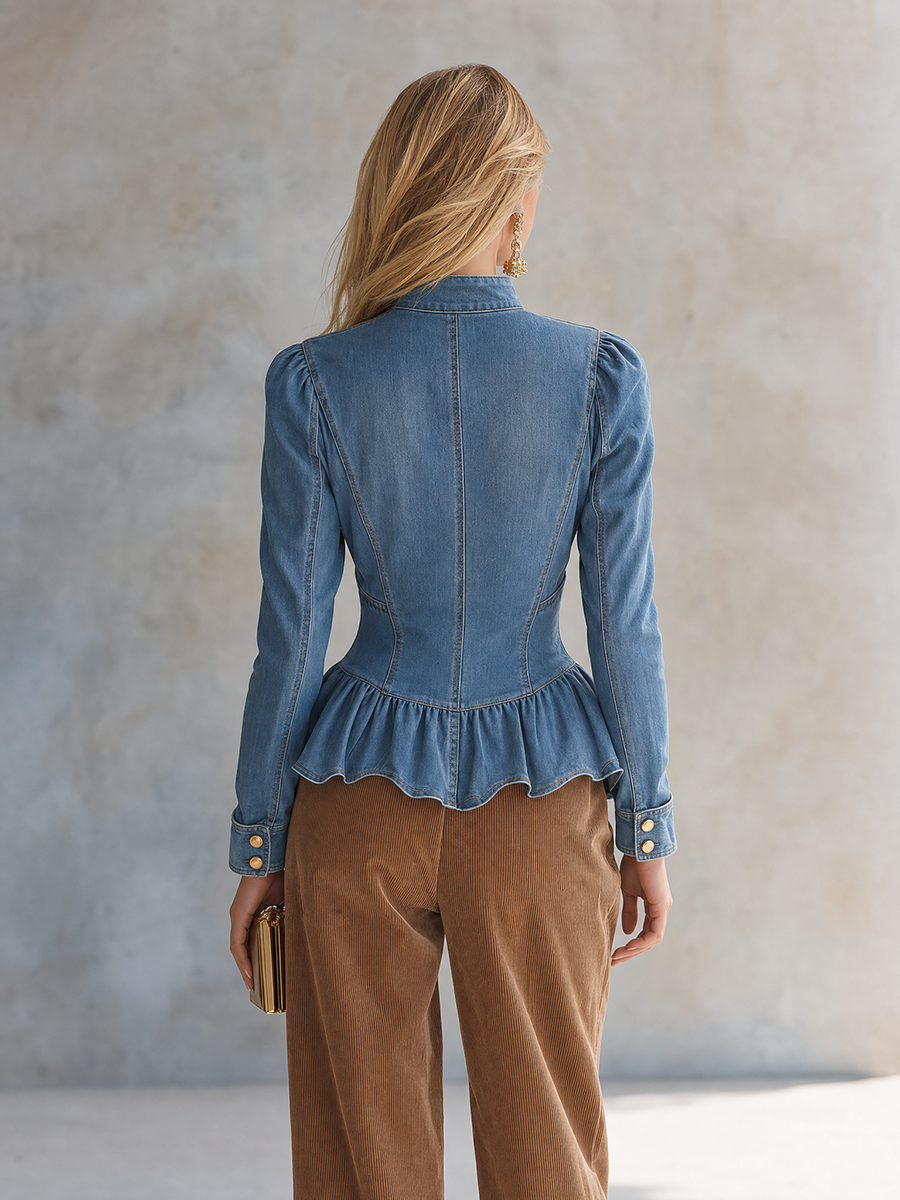 Romantic Ruffle Denim Military Jacket With Peplum Hem For Women