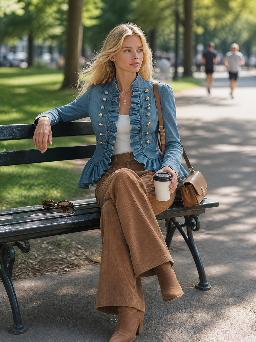 Romantic Ruffle Denim Military Jacket With Peplum Hem For Women