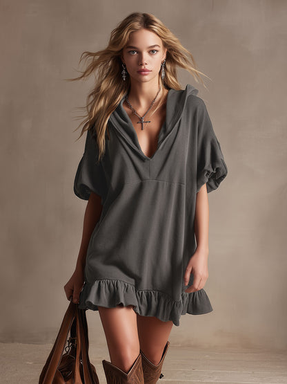 Stylish And Casual Grey Ruffled Hooded V-neck Cotton Mini Dress