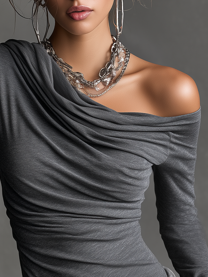 Elegant High-quality One-shoulder Cowl Neck Long-sleeved T-shirt