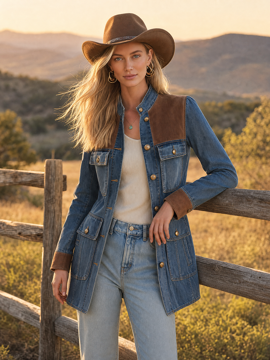 Women’s Denim Utility Jacket With Suede Trim