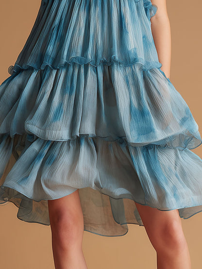 Resort-style Blue Spaghetti Strap Chiffon Midi Dress
