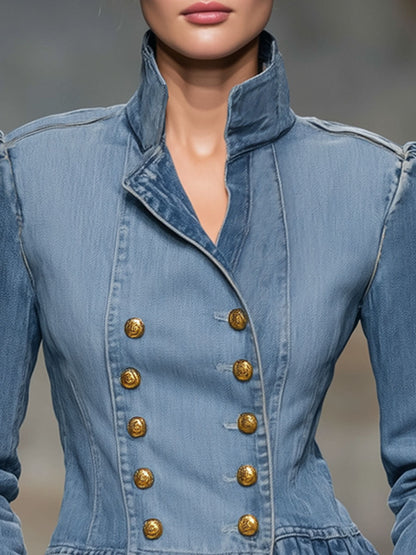 Retro-style Stand-up Collar Double-breasted Ruffled Denim Jacket