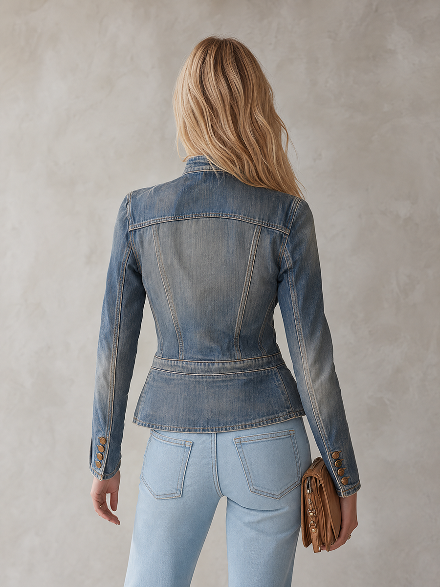 Tailored Military Denim Jacket With Brass Buttons And Flap Pockets