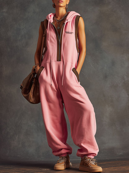 Sporty Retro Ribbon Embroidered Pink Cotton Blend Sleeveless Hooded Jumpsuit
