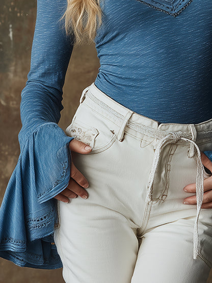 Elegant And Versatile V-neck Blue Bell-sleeve T-shirt