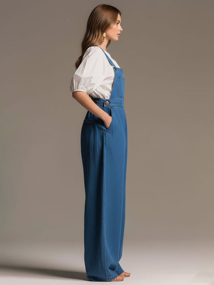 Casual Retro Blue Denim Wide-leg Overalls