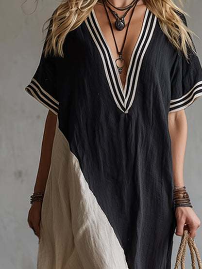 Elegant And Casual Striped Neckline Color-blocked Cotton And Linen Short-sleeved Maxi Dress