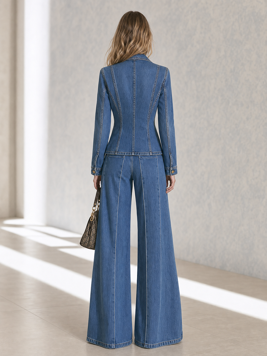 Structured Blue Denim Military Blazer With Gold Buttons