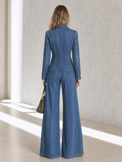 Structured Blue Denim Military Blazer With Gold Buttons