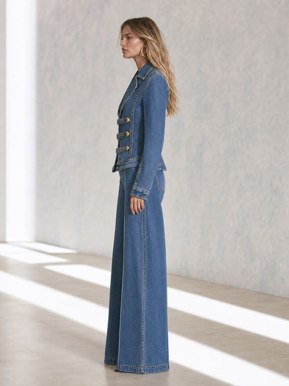 Structured Blue Denim Military Blazer With Gold Buttons