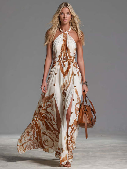 Vintage Bohemia Halter Neck Brown Western Print Off White Chiffon Split Maxi Dress