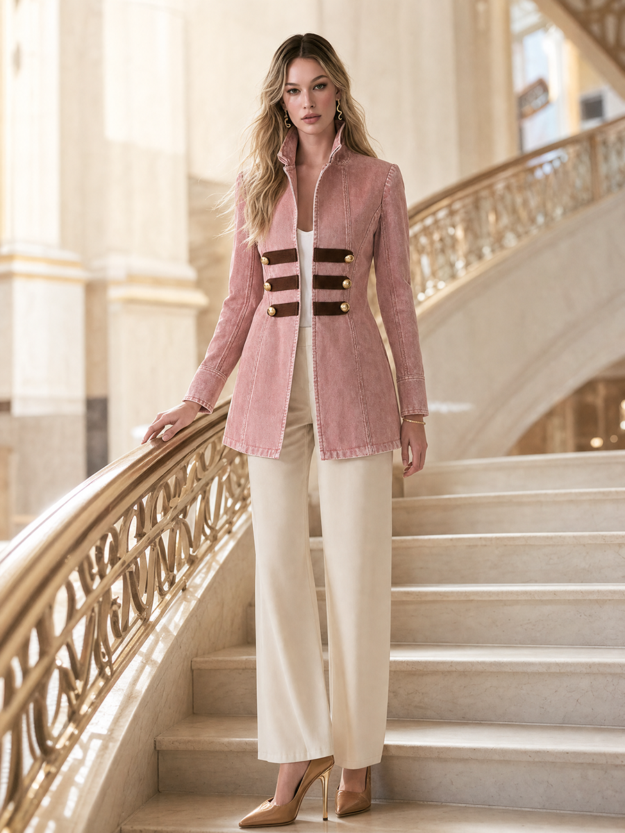 Pink Gold Button Military Denim Blazer For Women