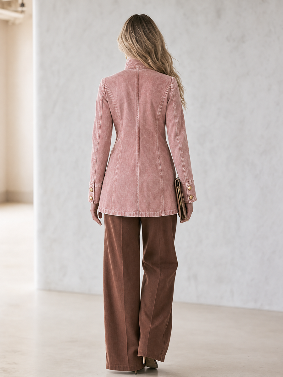 Pink Gold Button Military Denim Blazer For Women